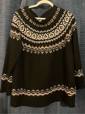 Calvin Klein Black Fair Isle Crewneck Sweater with Cream & Tan Accents